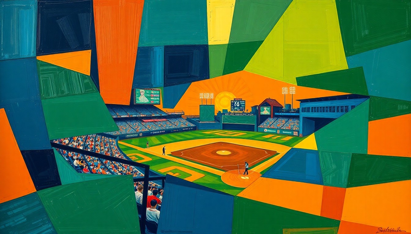 A cubist-style painting featuring overlapping geometric shapes and planes in navy blue, forest green, and burnt orange, conceptually representing the fragmented and chaotic final innings of a baseball game.
