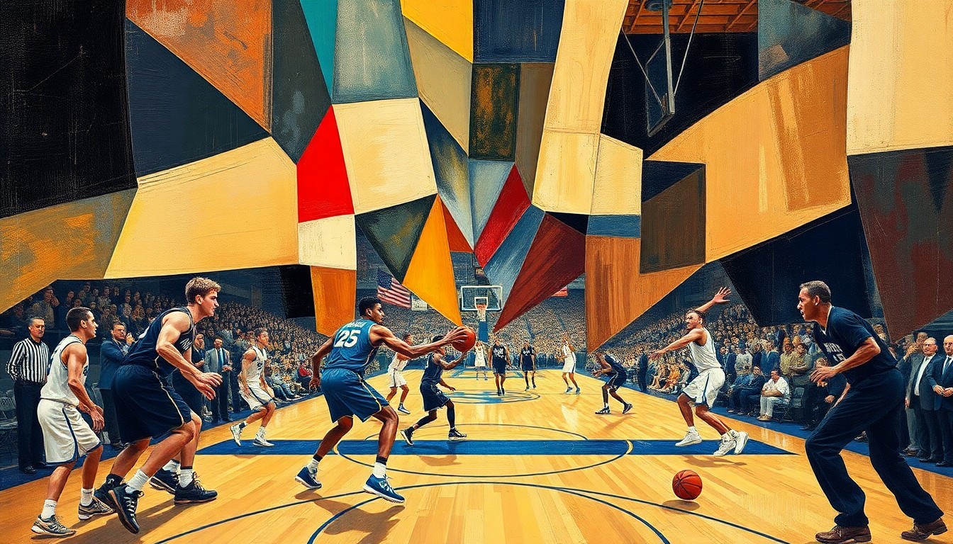 A cubist, geometric painting depicting the abstracted forms of college basketball players on a court, with the arena fading into the background in a fractured, multi-perspective style.