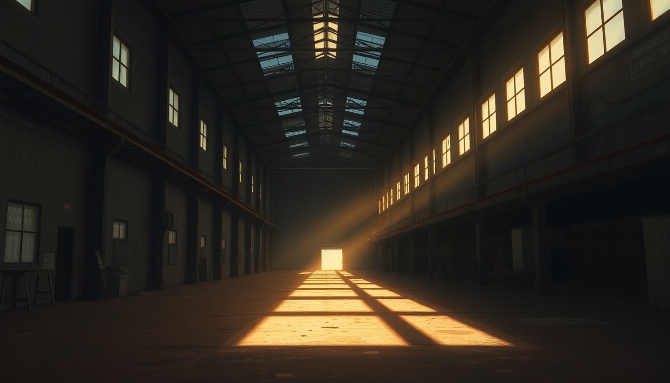 A photorealistic painting of an empty, dimly lit industrial warehouse with warm, diagonal sunlight streaming through the windows, creating deep shadows and a sense of solitude and unease.
