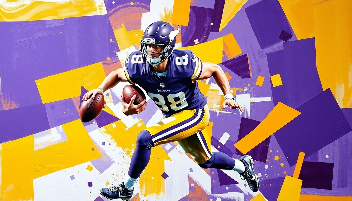 A cubist, geometric painting depicting a football player in motion, with sharp, overlapping planes of purple, gold, and white representing the Minnesota Vikings' colors.