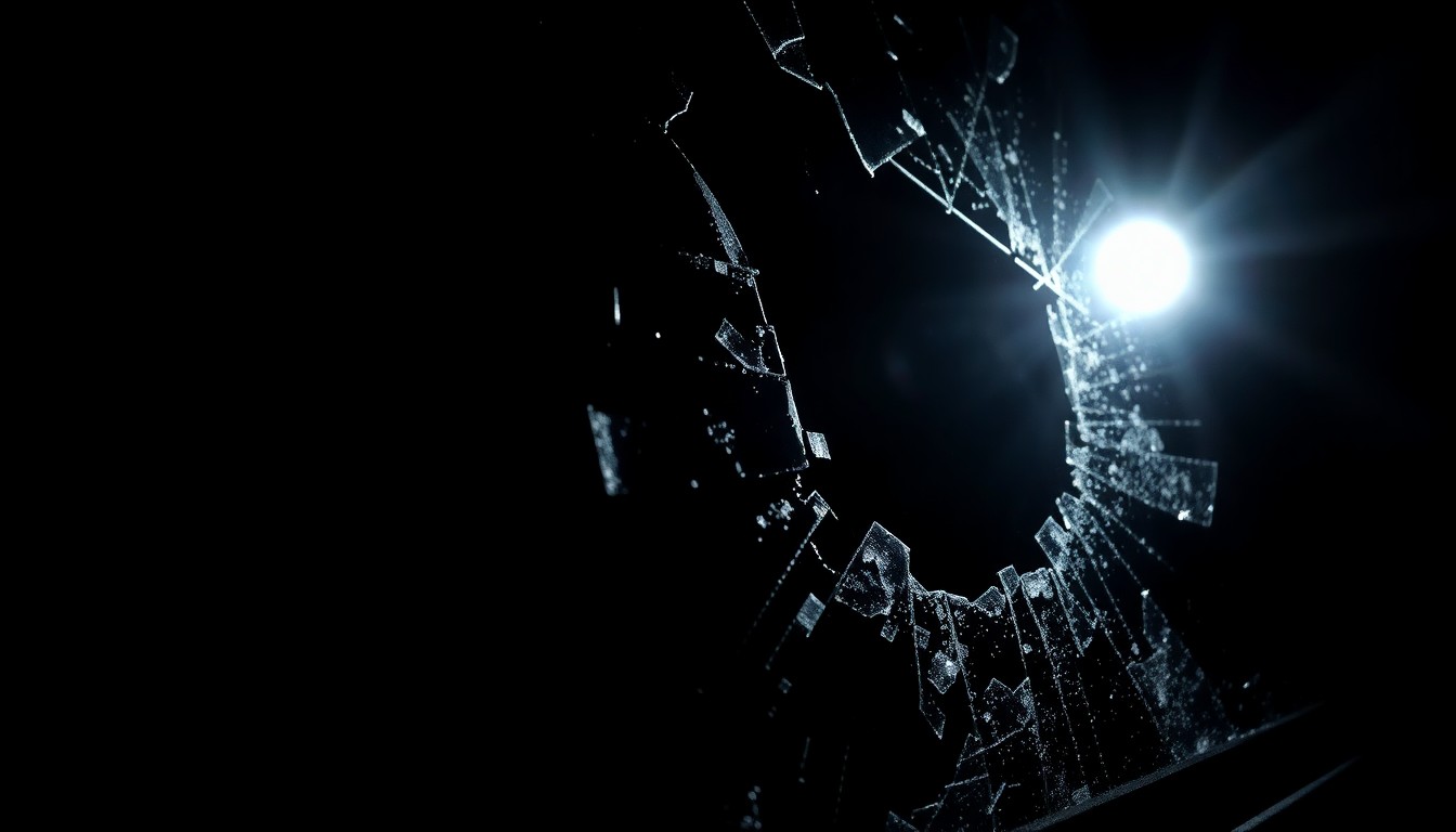 An extreme close-up photograph of a shattered car window or bullet casing against a pitch-black background, lit by a harsh, direct camera flash, conceptually illustrating the violence and investigation surrounding this incident.