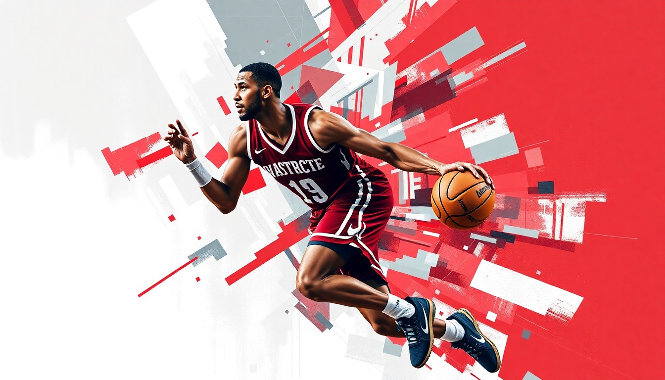 A fractured, cubist-style painting depicting the movements and actions of a basketball player in dynamic, overlapping geometric shapes and planes, using the vibrant crimson, gray, and white colors of the Washington State Cougars.