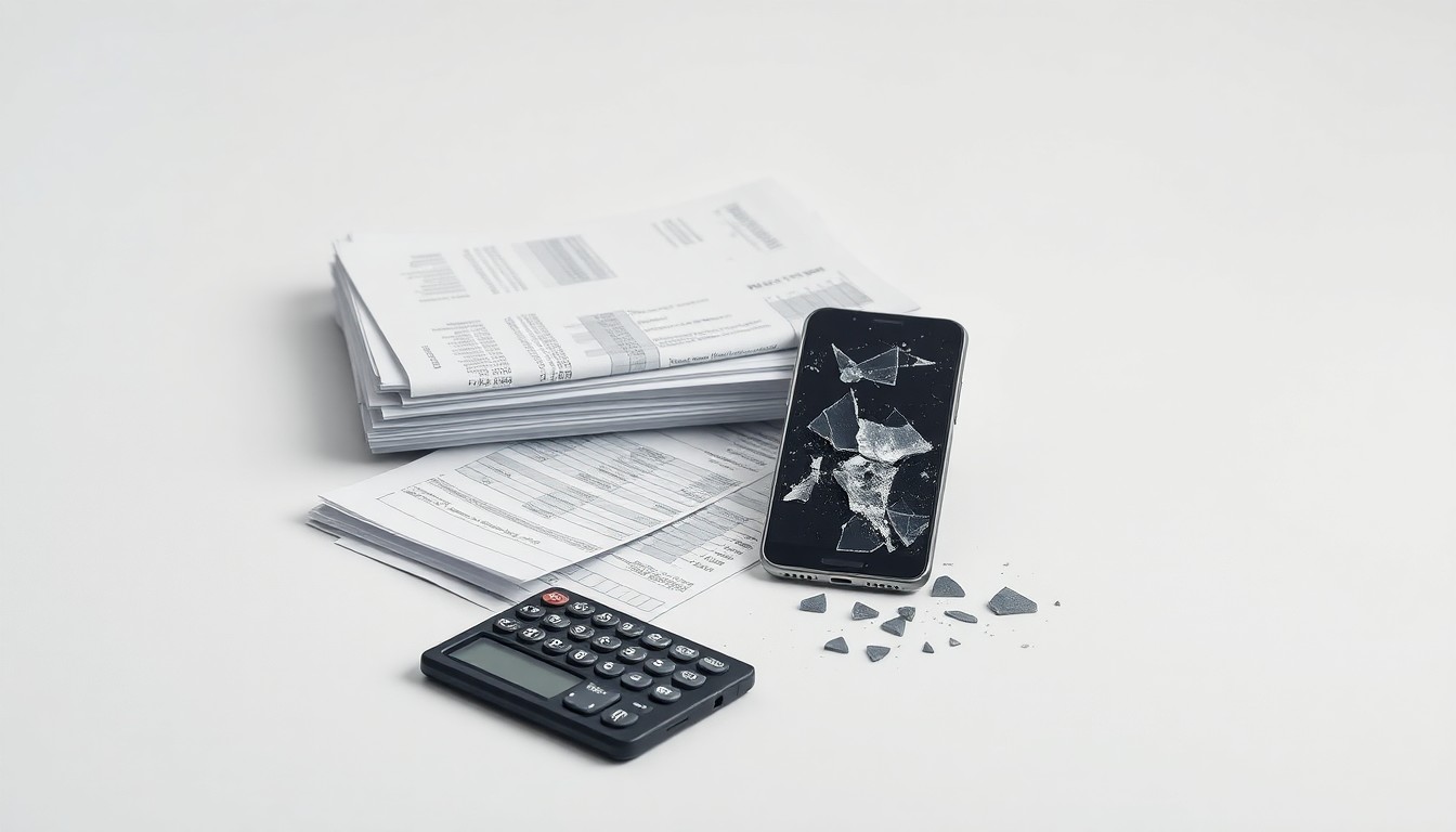 A high-end, photorealistic studio still-life photograph featuring a stack of financial documents, a broken calculator, and a shattered smartphone screen, all arranged elegantly on a clean, monochromatic background, conceptually representing the losses suffered by Power Solutions International shareholders.