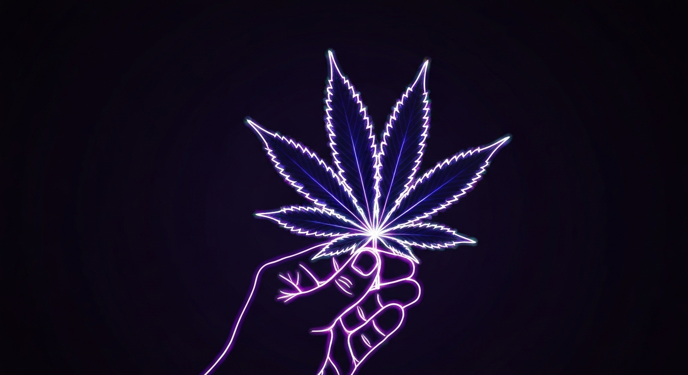 A glowing neon outline of a hand holding a cannabis leaf, with the leaf's veins and edges pulsing with vibrant energy against a dark background, conceptually representing the intentional and customized cannabinoid experiences offered by Rare Cannabinoid Company.