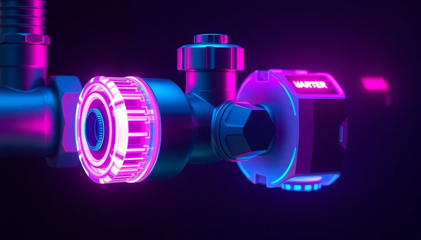 A highly detailed, glowing 3D macro illustration of a smart water shutoff valve and leak detection sensors, illuminated by neon cyan and magenta lights, conceptually representing the advanced technology powering LeakSecure's water protection system.