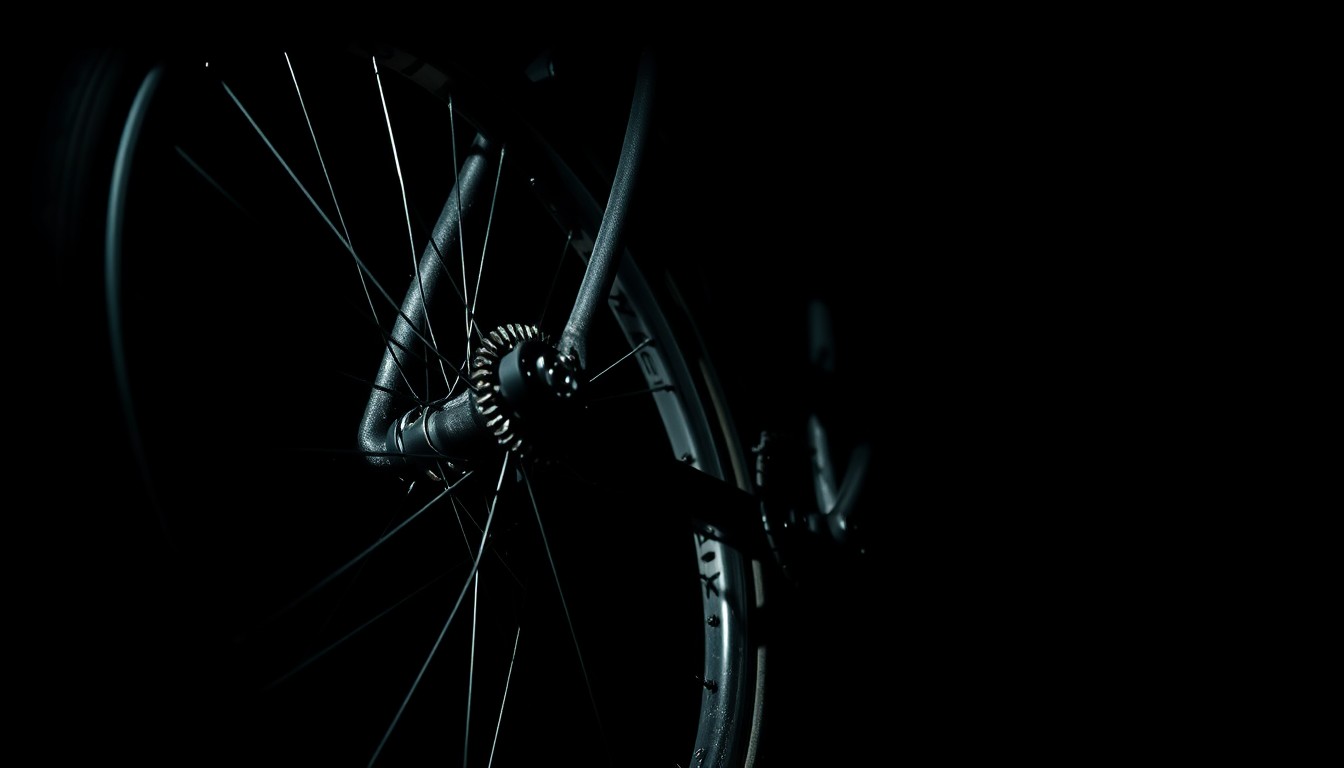 An extreme close-up photograph of a damaged bicycle wheel and frame, lit by a harsh, direct camera flash against a pitch-black background, creating a stark, gritty, investigative aesthetic.