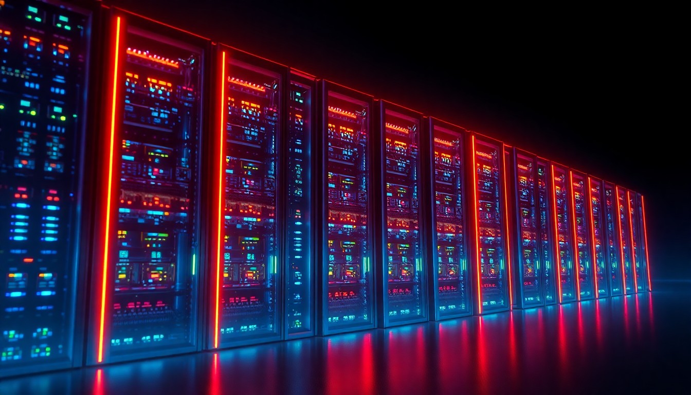 A highly detailed, 3D illustration of a large data server rack glowing with neon cyan and magenta lights, representing the digital infrastructure at the heart of the data center industry's growth in rural Texas.