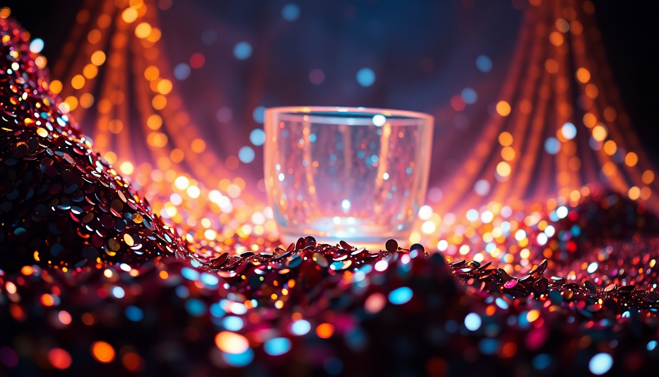 An abstract close-up image featuring a dramatic, high-contrast composition of shimmering sequins and glittering disco glass, conveying a sense of glamour and energy associated with a diverse array of arts performances.