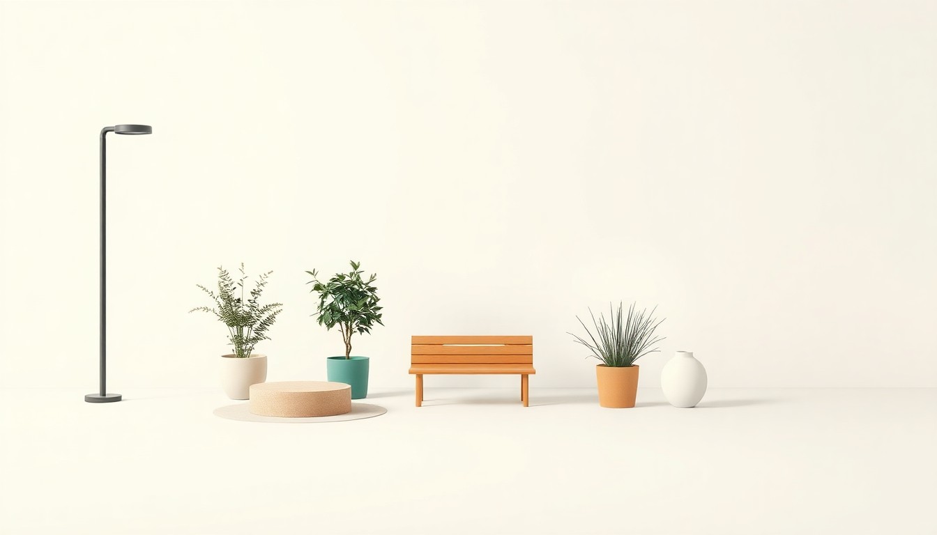 A minimalist studio photograph featuring a few simple, premium objects arranged elegantly on a clean, monochromatic background, conceptually representing the redesign of a public plaza in a small town.