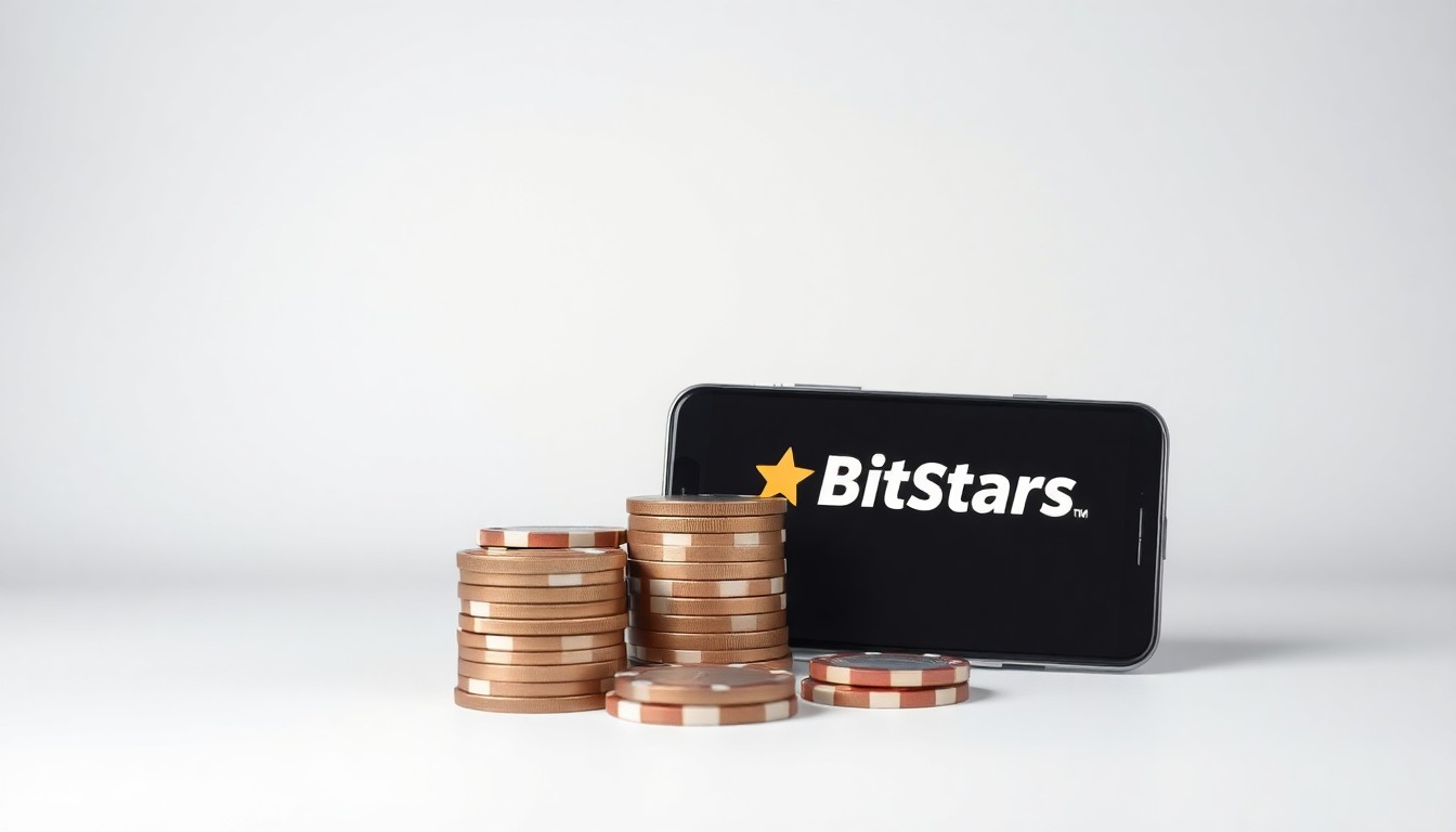 A minimalist studio still life photograph featuring a stack of shiny, metallic casino chips in various denominations and a sleek, modern smartphone displaying the BitStarz logo, set against a clean, monochromatic background with dramatic lighting and shadows, conceptually representing the platform's focus on transparency and payout speed.