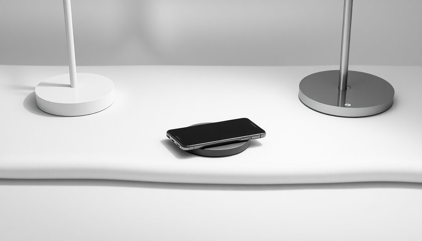 A high-end, photorealistic studio still-life photograph featuring a sleek smartphone, a modern wireless charging pad, and a minimalist desk lamp, all arranged elegantly on a clean, monochromatic background, conceptually representing the shift from traditional home shopping to digital and mobile commerce.