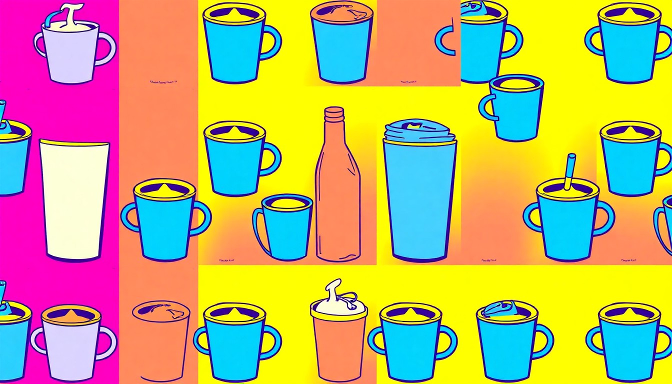 A brightly colored, high-contrast silkscreen print of a stack of generic brand cereal boxes, repeated in a tight grid pattern to represent the shift away from name-brand products.