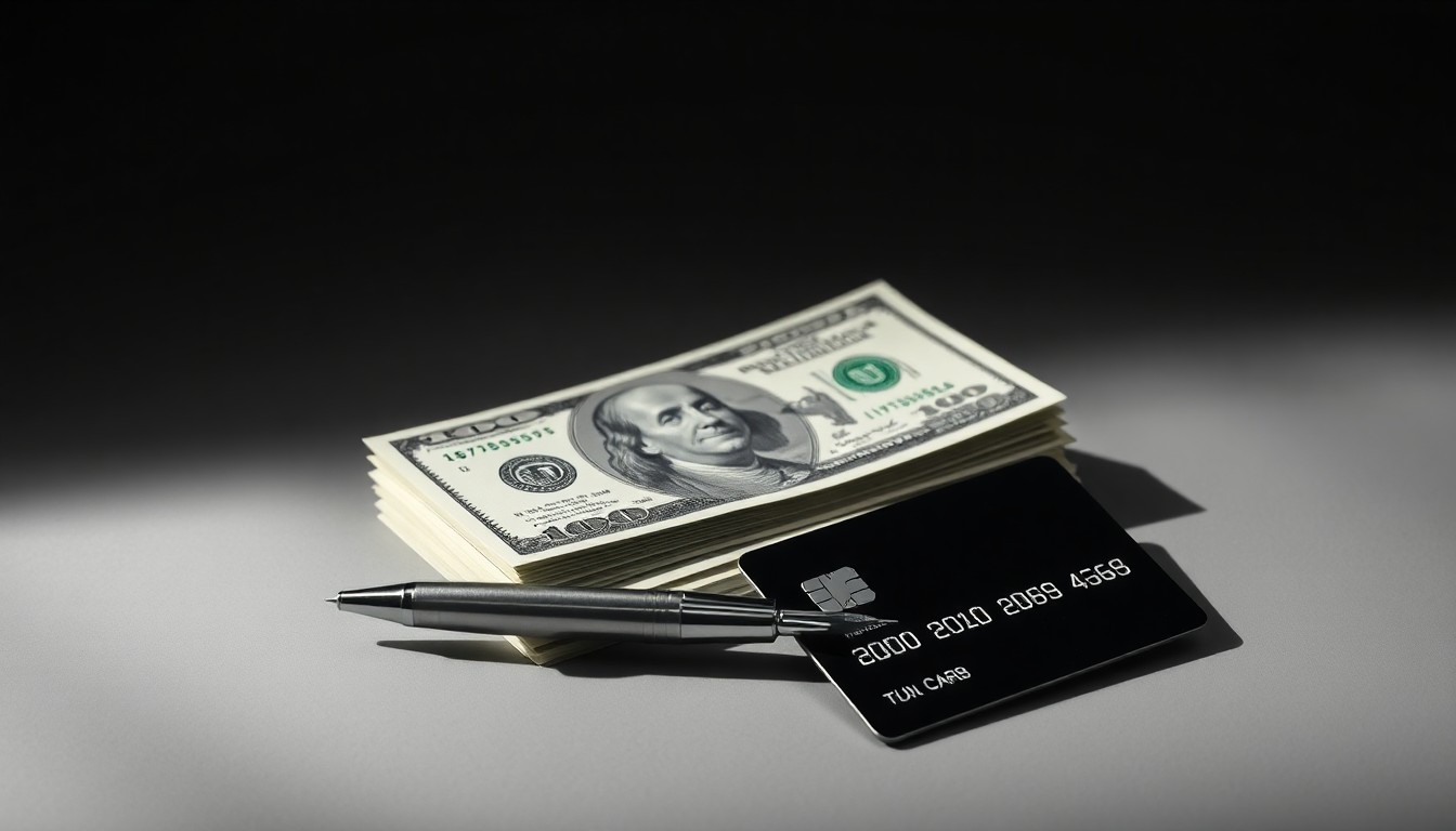 A high-end, photorealistic studio still-life featuring a stack of dollar bills, a silver pen, and a black credit card on a smooth grey background, symbolizing the complex relationship between personal finance and economic opportunity.