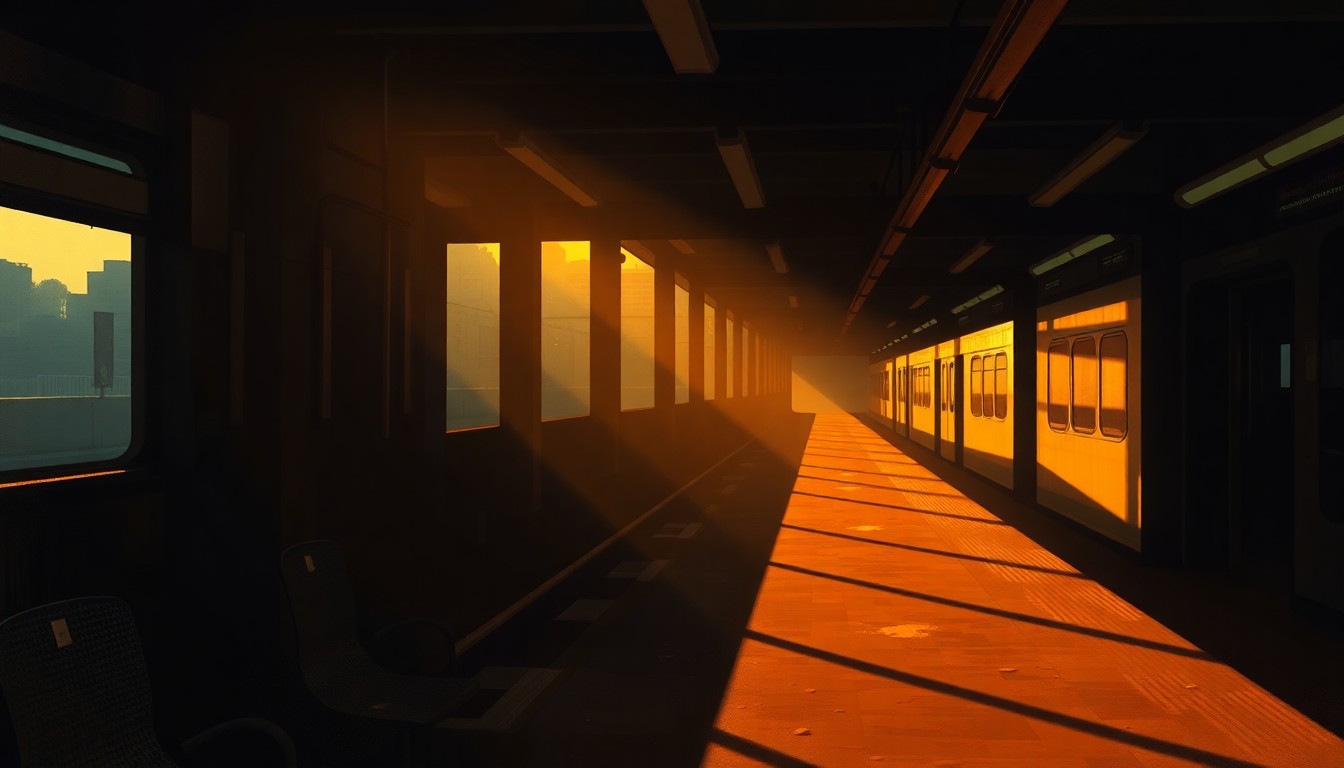 A serene, cinematic painting of an empty subway platform with long shadows and warm lighting, conveying the anticipation and energy of a bustling urban transit system.