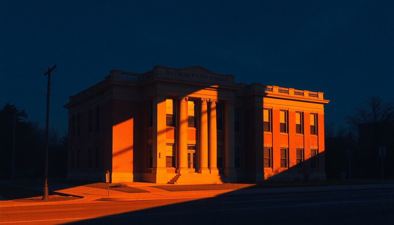 A serene, photorealistic painting of a government building in Baltimore County, with warm sunlight casting long shadows across the facade and surrounding landscape, conveying a sense of civic pride and stability.