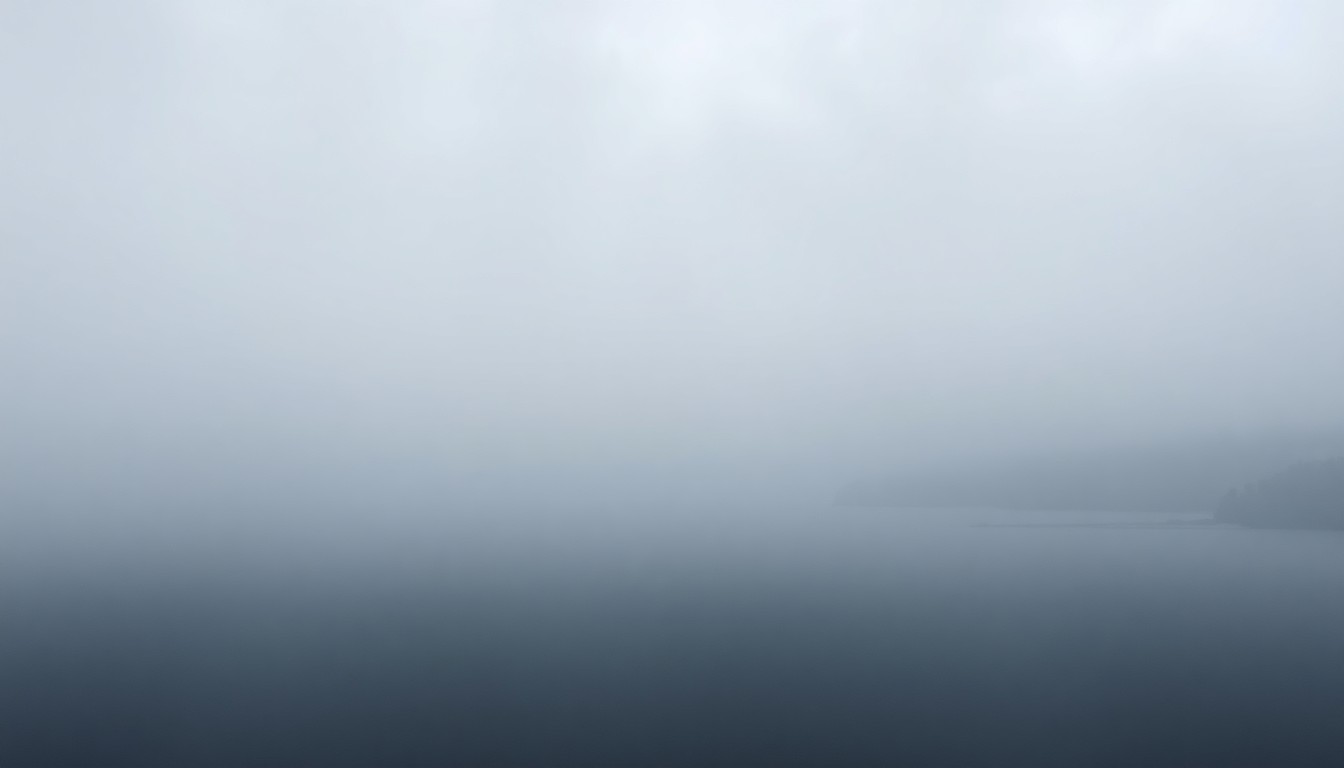 A sweeping, atmospheric landscape painting depicting the vast, misty expanse of Lake Panasoffkee, with the shoreline and any visible structures obscured by the heavy fog, conveying the scale and power of the natural environment.