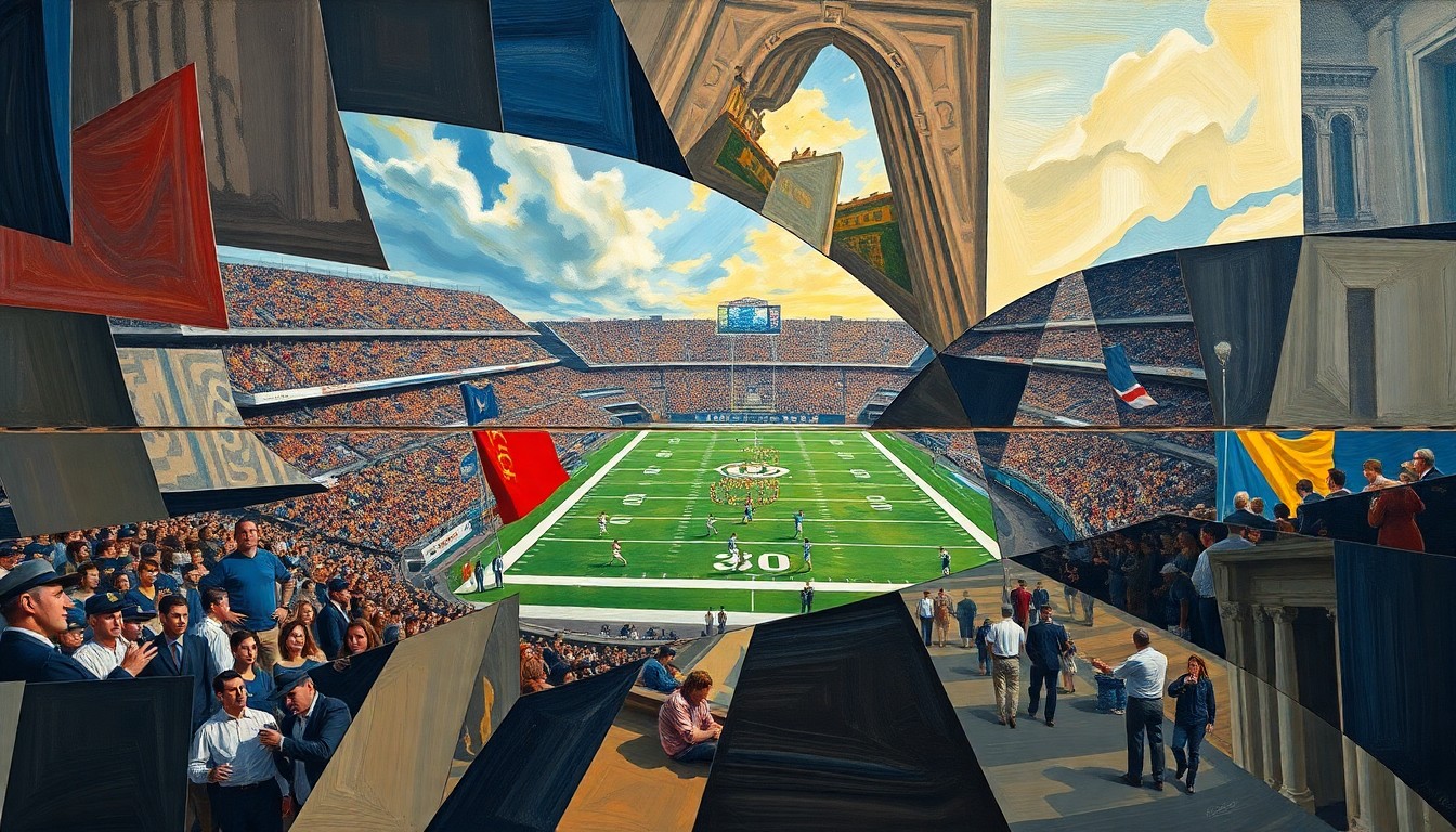 A fractured, geometric painting depicting a college football game, with sharp planes of color and overlapping perspectives, conveying the high-stakes pressure on the LSU Tigers to return to the playoff under new head coach Lane Kiffin.
