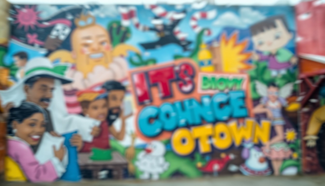 An abstract, impressionistic image of a vibrant, colorful mural depicting scenes and symbols from Miami's Overtown neighborhood, captured through a hazy, out-of-focus lens to create a dreamlike, atmospheric effect.