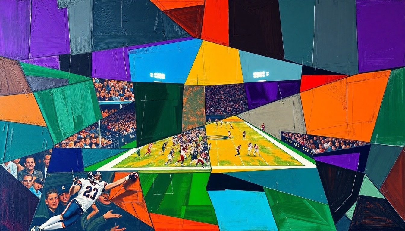 A cubist, geometric painting depicting fragmented football players and draft prospects, representing the strategic decisions and uncertainty surrounding the Ravens' 14th overall pick.