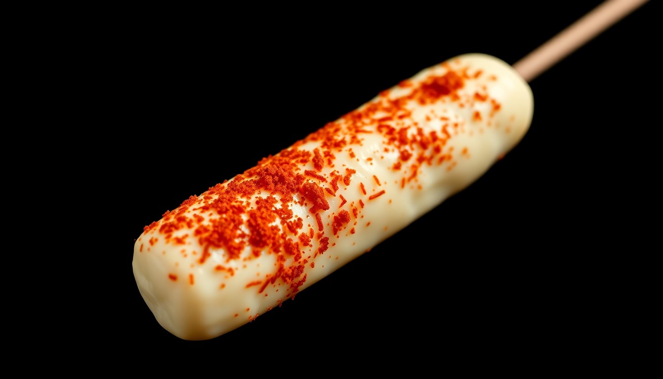 An extreme close-up photograph of a single mozzarella stick coated in a rich, red chili spice blend, the melted cheese glistening under dramatic studio lighting to create a high-end, glamorous aesthetic.