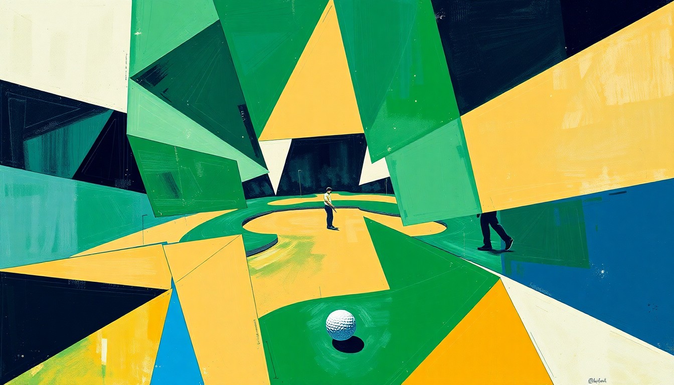 A cubist, geometric painting depicting a fragmented golf tournament scene, with overlapping shapes and planes in shades of green, tan, and blue, conveying the complex challenges facing the LIV Golf league.