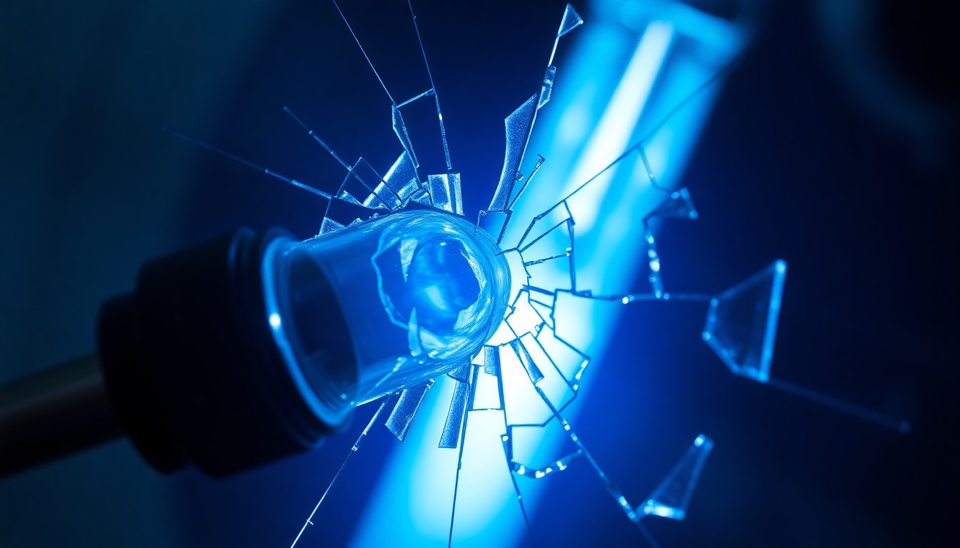 An extreme close-up of a shattered glass medical instrument reflecting a faint blue light, conceptually representing the intense, high-pressure world of the medical drama series The Pitt.