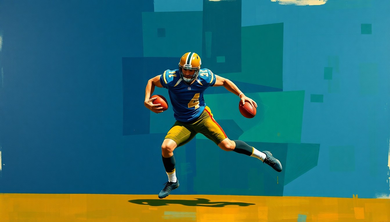 A cubist, geometric painting depicting a football player in motion, with sharp, overlapping planes of navy blue, forest green, and burnt orange, conveying the fractured nature of Banks' NFL career thus far.