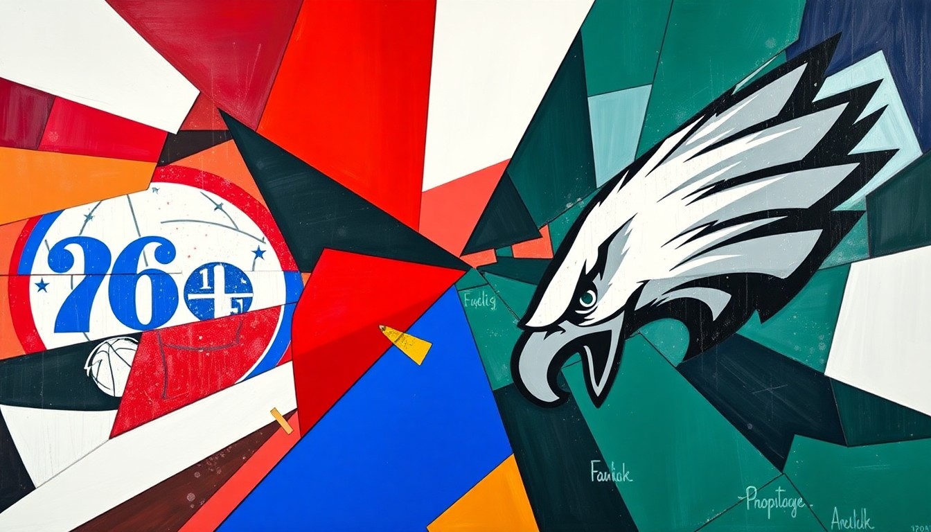 A fragmented, geometric painting in bold colors depicting the dynamic movements and energy of a basketball game, conceptually representing the outsized impact of a team's star player.