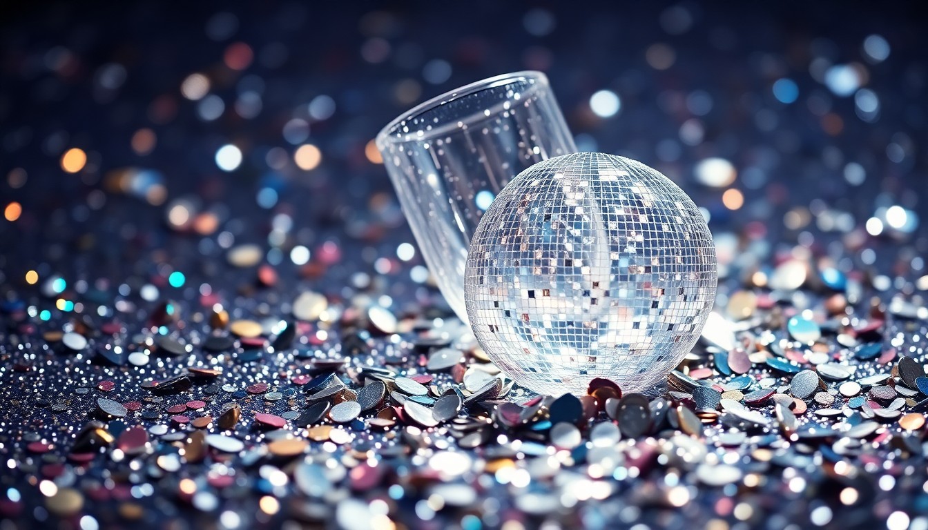 An extreme close-up photograph of sparkling sequins and shattered glass, capturing the high-fashion glamour and energy of a celebrity performance.