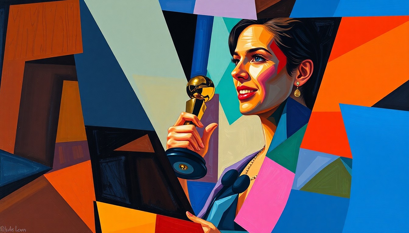 A cubist, geometric painting depicting a fragmented scene of a woman accepting an award on stage, with her face and the award broken down into overlapping planes of bold, vibrant colors.