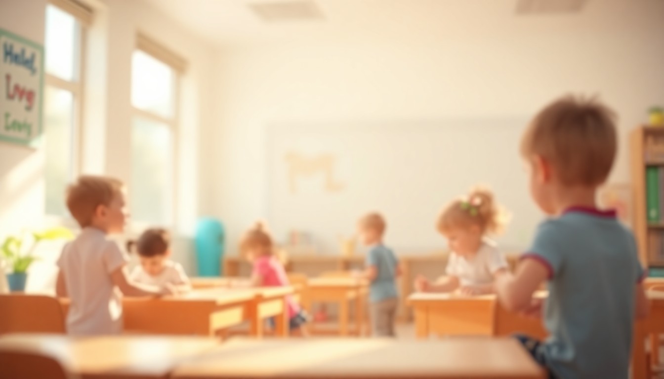 An abstract, impressionistic scene of young children playing and learning in a sunlit classroom, with soft, blurred edges and a warm, inviting color palette.