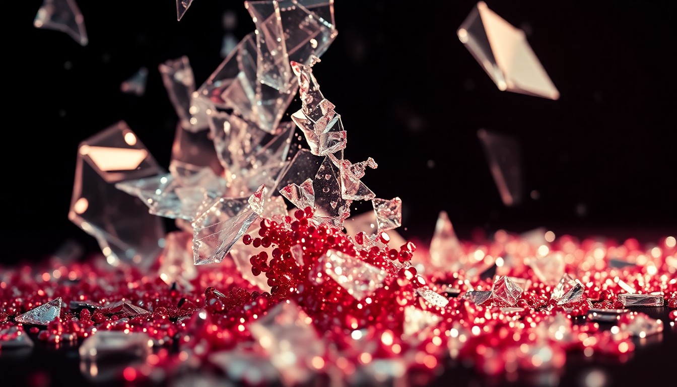 An abstract close-up image featuring shattered glass and glittering sequins, captured in dramatic, high-contrast studio lighting. The image conceptually represents the fractured relationships and high-stakes drama of the 'Real Housewives' franchise.