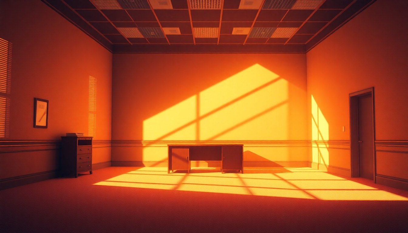 A quiet, cinematic painting of an empty government office space, with warm sunlight streaming in through the windows and deep shadows covering much of the room, creating a sense of solitude and disillusionment.