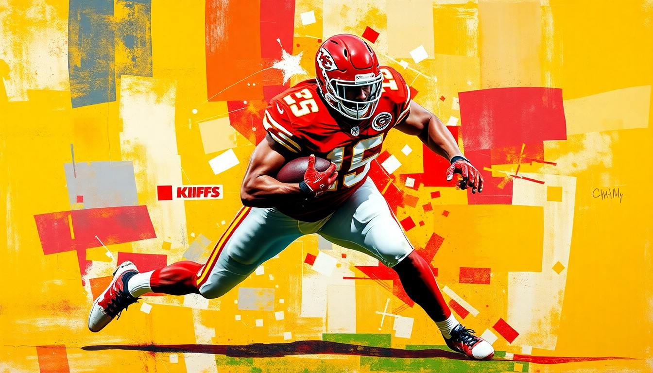 A cubist, geometric illustration depicting a Kansas City Chiefs defensive player making a tackle, with the player's form fractured into sharp, overlapping planes of red and gold.