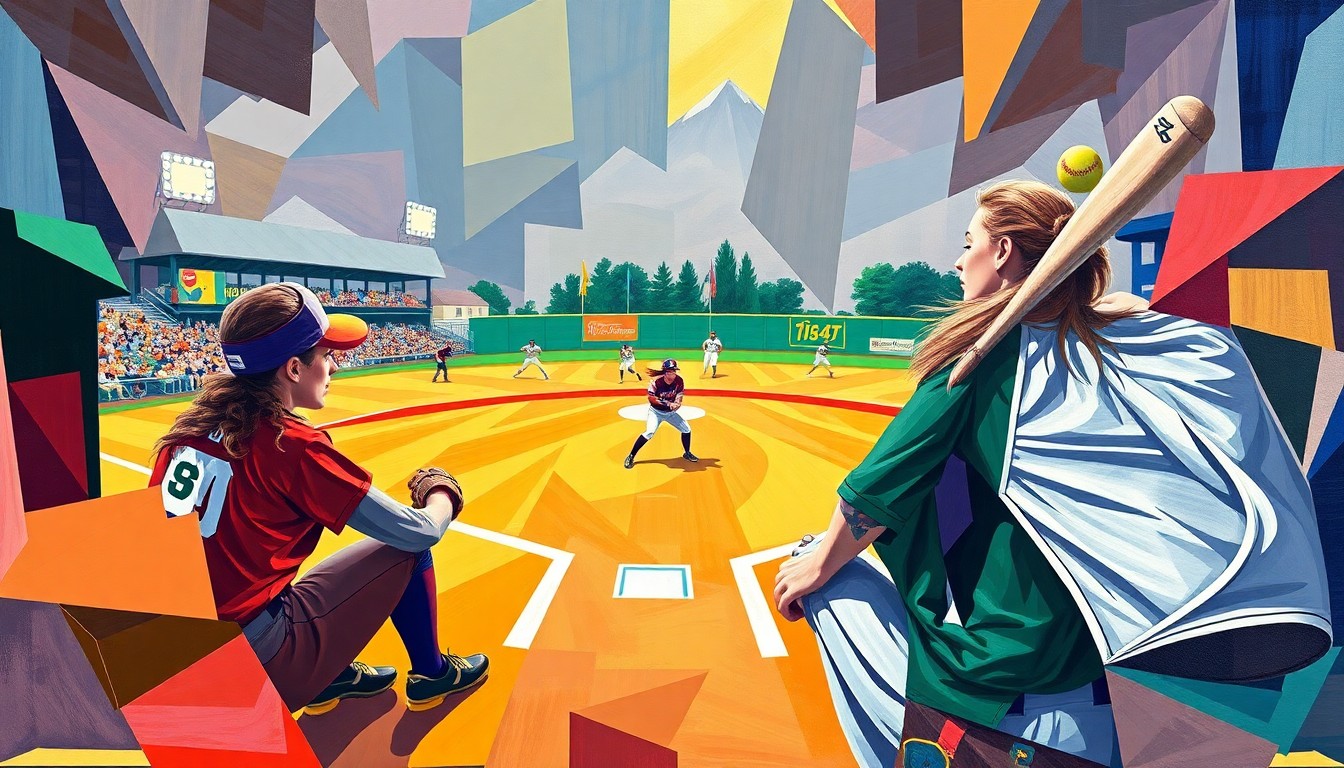 A cubist, geometric painting depicting a softball game in progress, with overlapping planes of bright blue, green, and red colors representing the players and field of play.