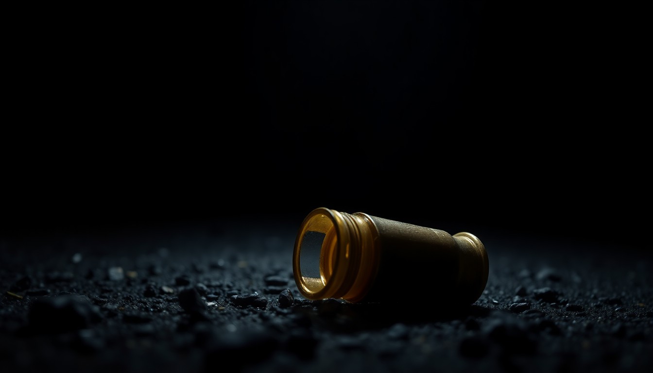 An extreme close-up of a spent shell casing on the ground, creating a stark, gritty, investigative aesthetic that conceptually represents the evidence of a violent crime.
