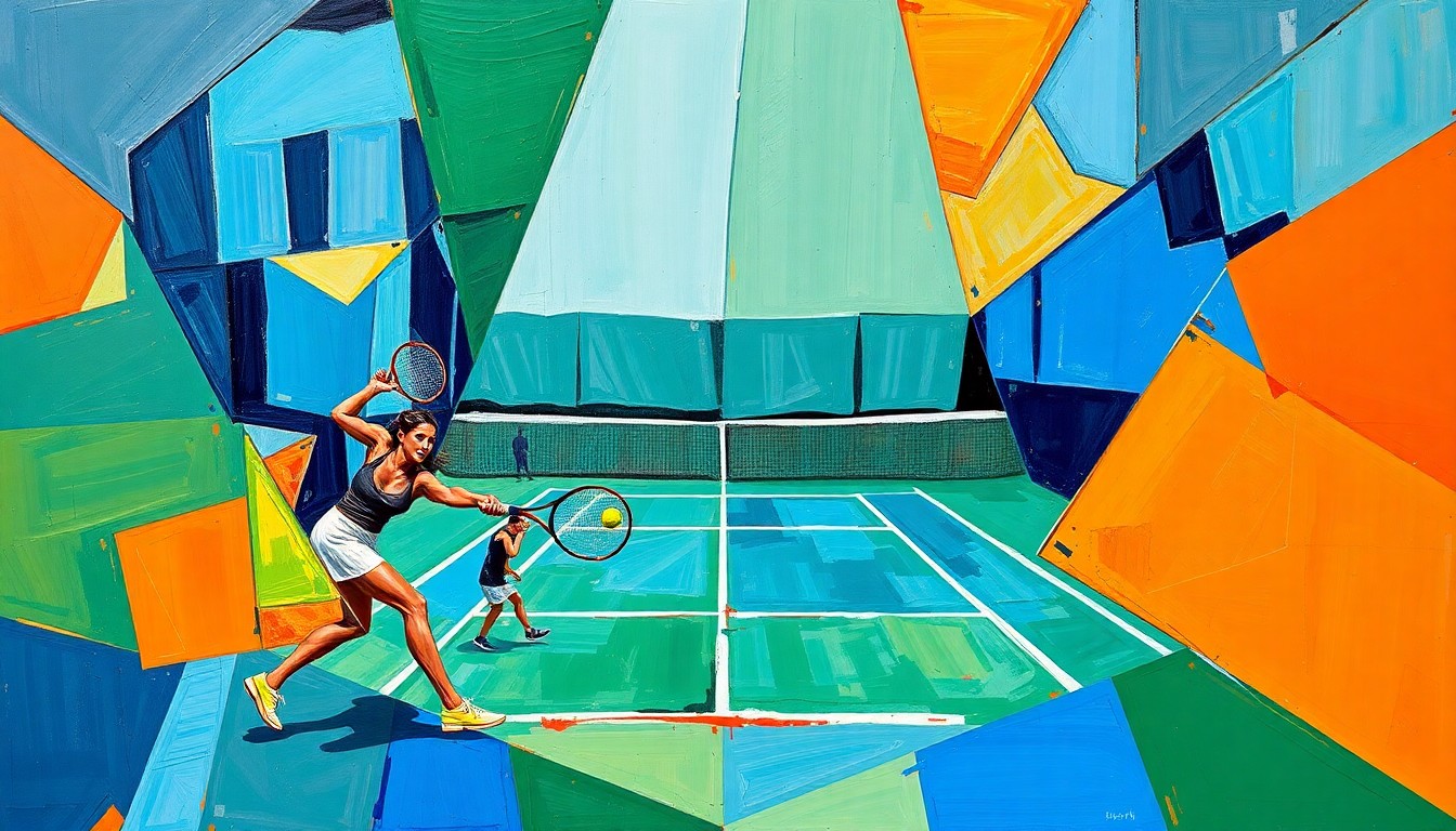 A cubist, geometric painting depicting a women's tennis match, with sharp, overlapping planes of color representing the dynamic action and energy of the competition.