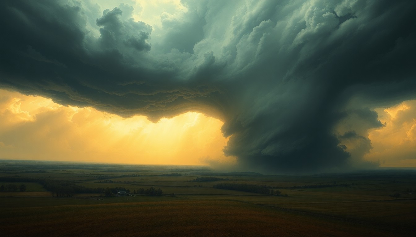 A sweeping, atmospheric landscape painting depicting the aftermath of a tornado in the Oklahoma countryside, with debris and damaged structures dwarfed by the overwhelming scale of the natural disaster.