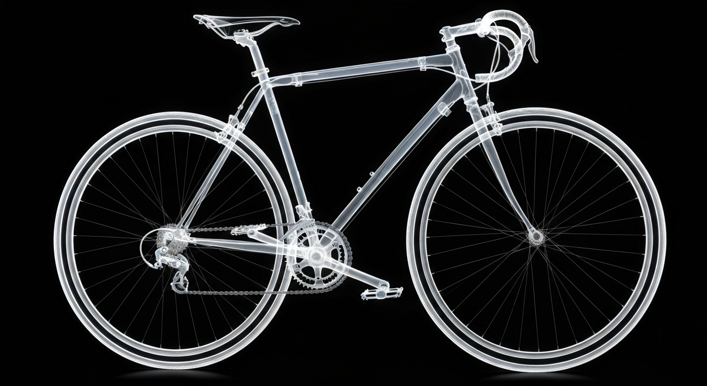 A ghostly, glowing X-ray image of a bicycle frame and wheel, revealing the intricate skeletal structure in stark contrast against a dark background, conceptually illustrating the fragility of cyclists on the road.