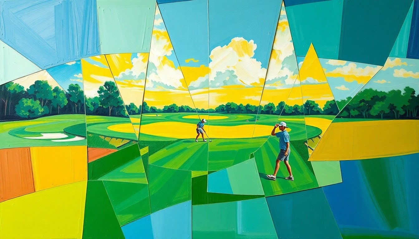 A fragmented, geometric painting in shades of green, blue, and yellow, depicting the overlapping perspectives and dynamic action of a high school girls golf tournament.