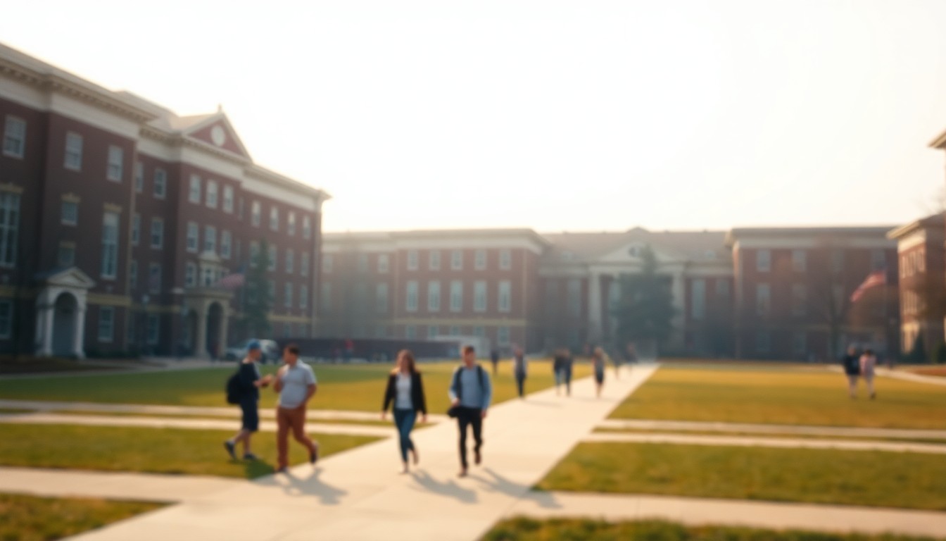 An abstract, out-of-focus photograph of a college campus scene, with students walking through a hazy, warm-toned landscape of blurred shapes and colors, conveying the concept of transparency around the value of higher education.