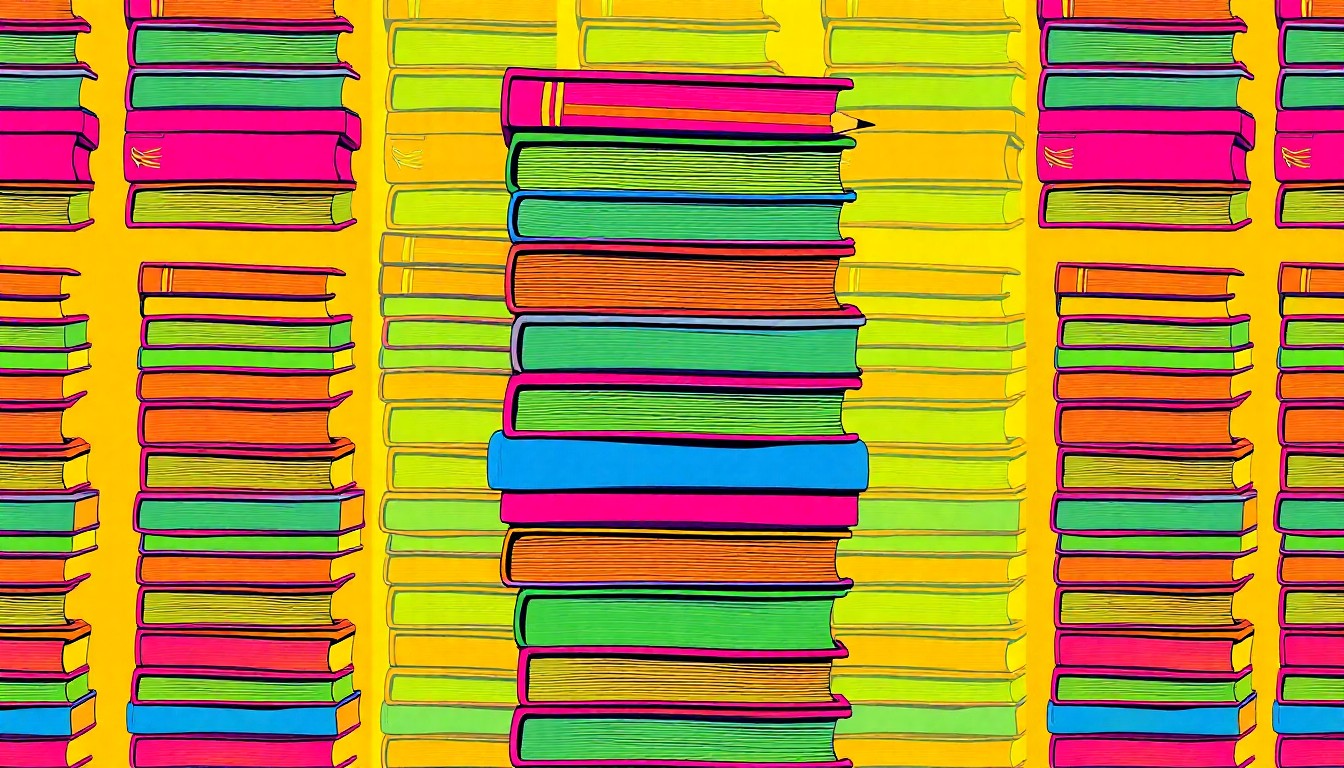 A bold, colorful silkscreen print featuring stacks of school books and pencils repeated in a grid, conveying the essential role of education resources despite budget constraints.