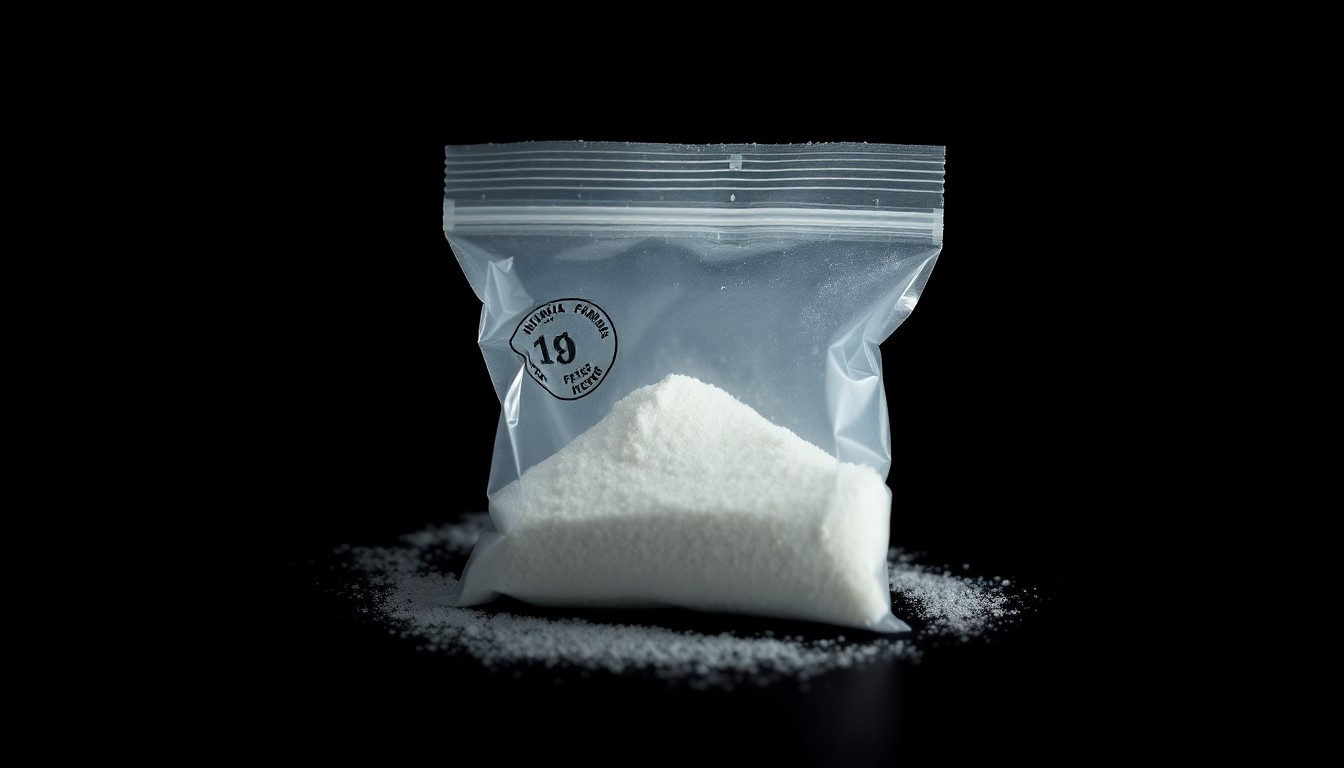 An extreme close-up photograph of a small plastic bag containing white crystalline powder, lit by a harsh, direct camera flash against a pitch-black background, creating a stark, gritty, investigative aesthetic.