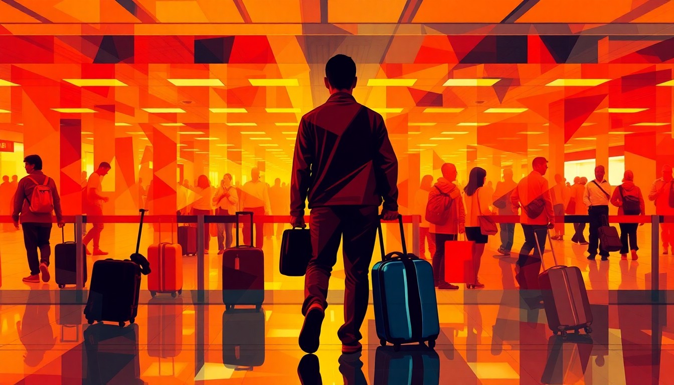 A dynamic, abstract painting of a person in an airport security line, their belongings repeated in overlapping geometric waves of bright, fiery colors, conceptually representing the challenges of international travel under heightened border enforcement.