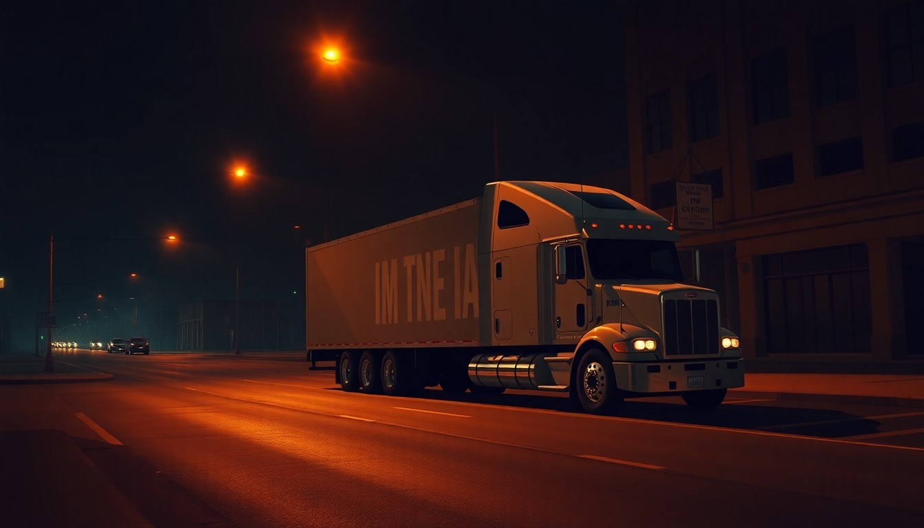 A photorealistic painting of a semi-truck parked alone on a shadowy urban street, with warm sunlight casting dramatic diagonal shadows across the scene, conveying a sense of solitude and quiet contemplation around the political issues at hand.