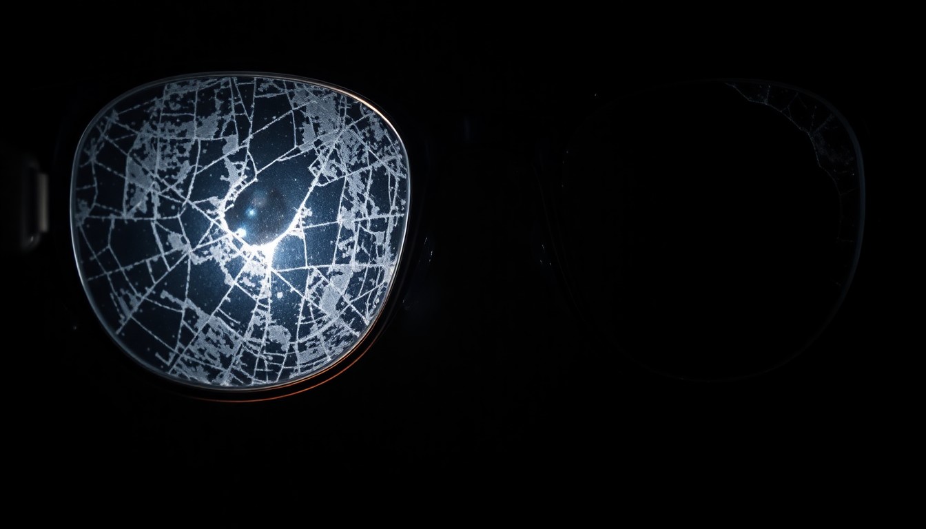 An extreme close-up photograph of a pair of glasses with a cracked lens, reflecting a faint light in the darkness, conceptually illustrating the mystery and uncertainty surrounding a missing person case.