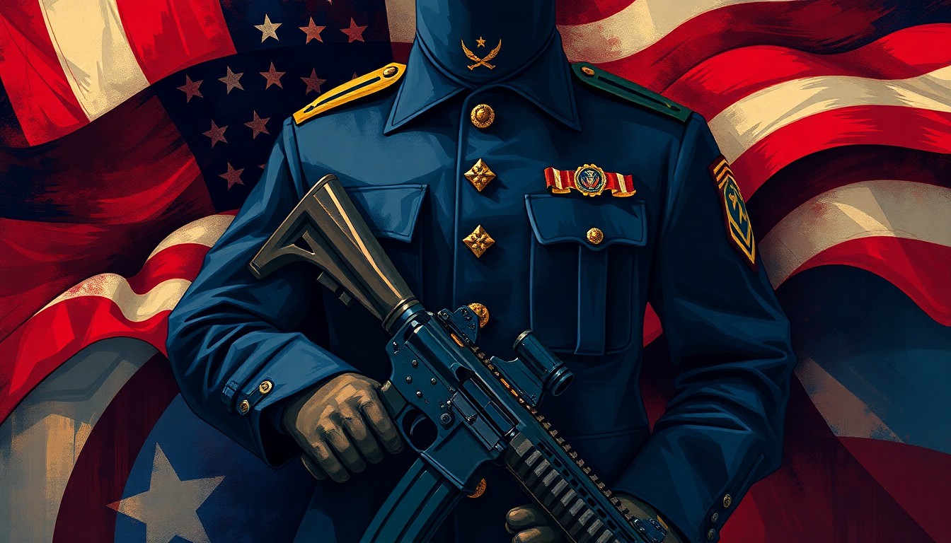 A dynamic, abstract painting featuring overlapping geometric shapes and fragments of a military uniform, rifle, and American flag in a palette of dark blue, red, and gold, conveying a sense of political and religious tension.