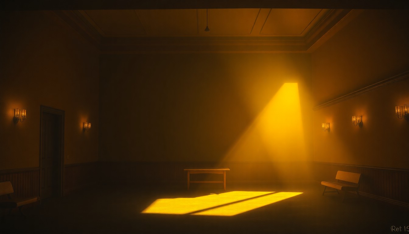 A dimly lit, nostalgic interior scene of a community meeting space or town hall, with sunlight streaming in through windows and casting long shadows across the room, conveying a sense of civic engagement and grassroots activism.