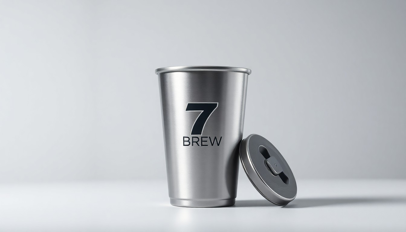 A high-end, photorealistic studio still-life photograph featuring a sleek, modern 7 Brew drive-thru cup and lid set against a clean, monochromatic seamless background, conceptually representing the premium quality and refined aesthetic of the 7 Brew brand.