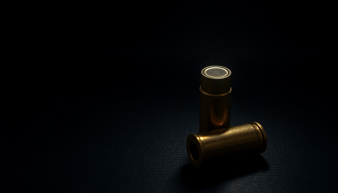 An extreme close-up photograph of a single spent bullet casing on a dark, textured surface, lit by a harsh, direct camera flash, conceptually representing the physical evidence from a violent crime.
